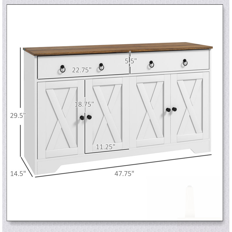 Buffet Farmhouse avec 2 tiroirs, 2 armoires de rangement et 4 portes de style grange pour un rangement et une présentation élégants