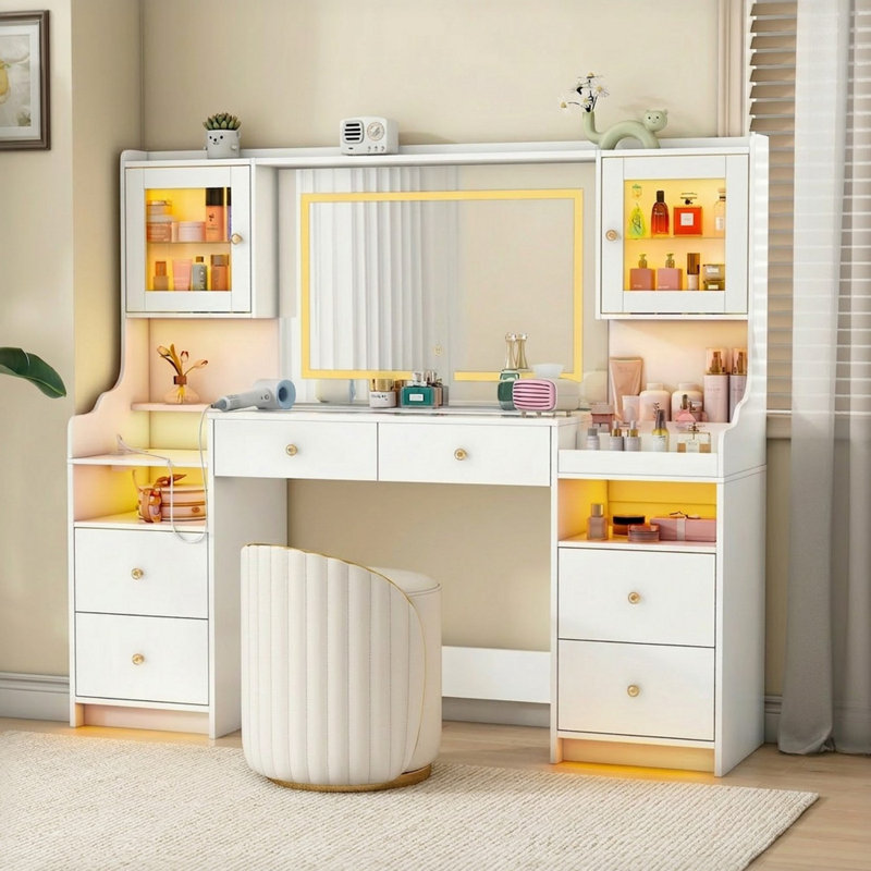 Leritan 62" Makeup Vanity Desk with Lighted Mirror, Tempered Glass Top, Power Outlet, 4 Drawers,  and RGB Lighted Cabinet