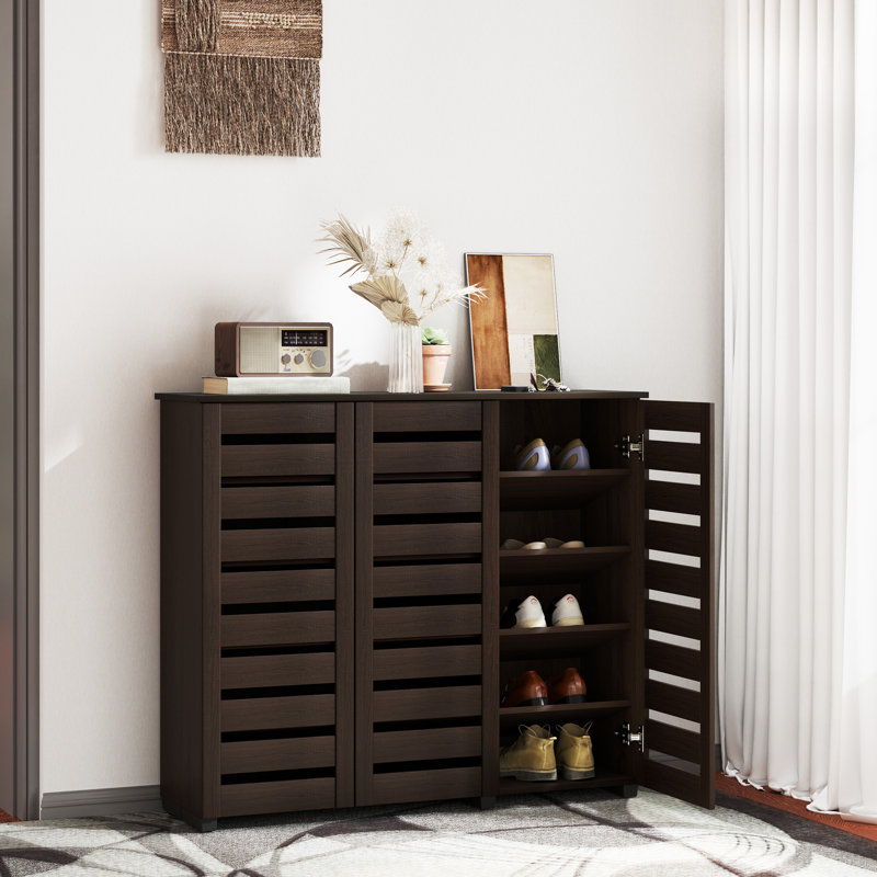 Narrow Shoe Cabinet for Entryway with 3 Slatted Doors, Dark Brown