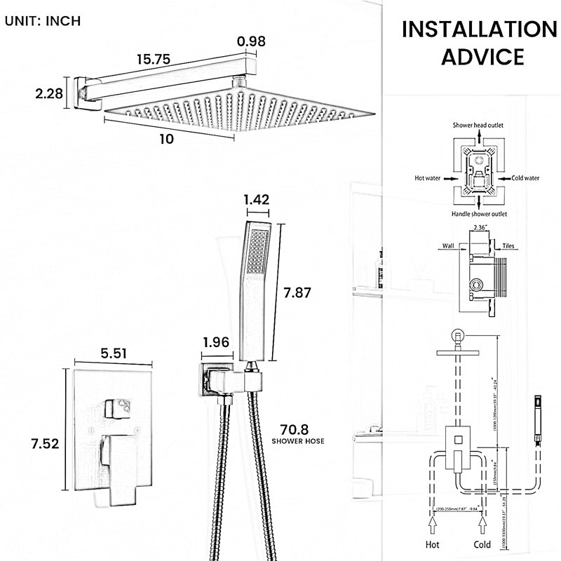 10" Square Shower Head Pressure Balanced Shower Faucet System With Handheld Spray, Brushed Nickel