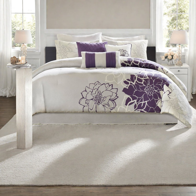 Elegant Floral Bedding Sets, Cotton Purple Comforter For Home Use