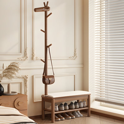 Solid Wood Deer Shoe Bench With Coat Rack, Entryway Seating Stool For Home, Multi-Functional Shoe Storage And Hallway Furniture