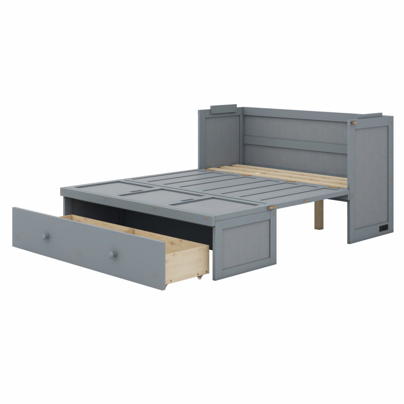 Lit escamotable avec port USB et grand tiroir, gris, Grand lit