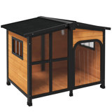 Outside Cabin-Style Wooden Dog House For Large Dogs With Openable Roof & Giant Window