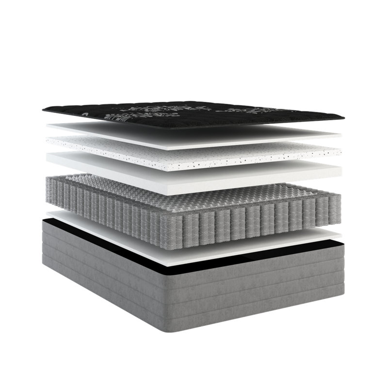 Matelas plein ferme de 14 pouces avec housse de glace pour le transfert de chaleur corporelle, optimisation de la circulation de l'air et du graphite de 2 po, mousse noire et gestion des matériaux à ressorts, relief argenté,