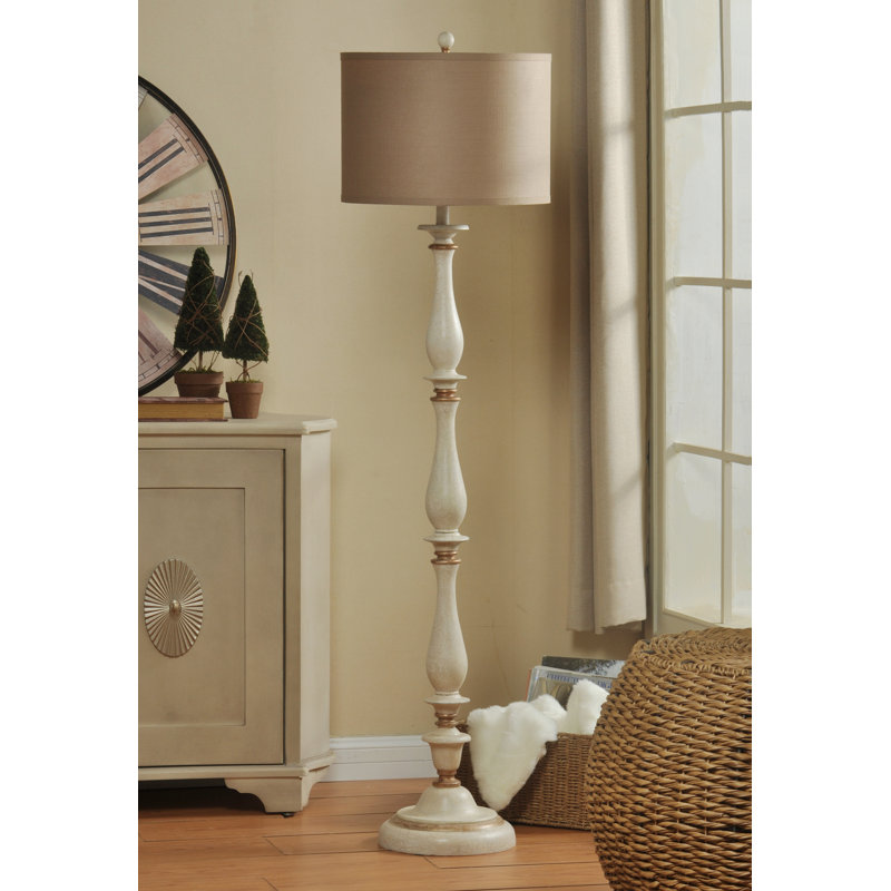 Aseem 61" Traditional Floor Lamp - Crackled White and Gold Finish - Taupe Hardback Silk Shade, Crackled White and Gold