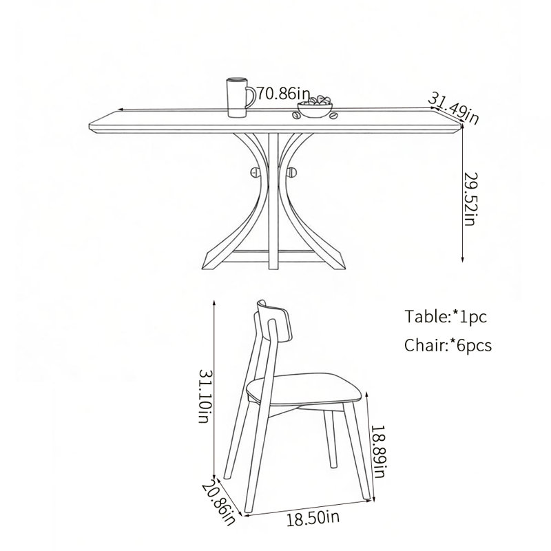 Ensemble de table de salle à manger simple et haut de gamme, 29.52" H x 70.86" W x 35.43" D, 7 pièces : table, 6 chaises