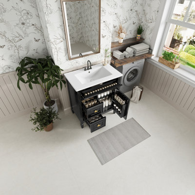 Meuble-lavabo de 30 po avec lavabo simple, structure en bois massif, planches, noir, un tiroir rabattable, deux tiroirs, une tablette réglable, beaucoup de rangement et de style, facile à assembler