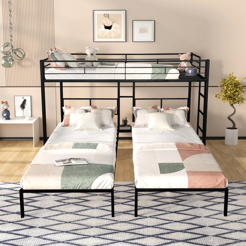 Triple Twin Bunk Bed In Black Metal With Quiet Slats, Lower Side Table, Extended Top Space, And Full Guardrails For Vacation Rentals L-Shaped Steel Structure, Noise Wood Table On Lower, Full Siblings