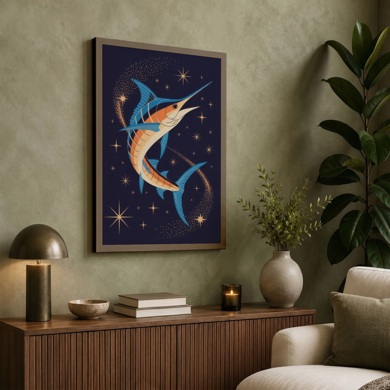 Sailfish Among Stars Coastal 1 Piece Wrapped Canvas Wall Art, 36x24 - 91.4 x 61.0 cm, White Border