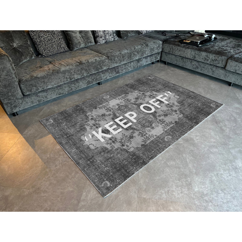 Tapis tissé noir et gris rétro «Keep Off», Rectangle 3 pi 9,81 po x 6 pi 6,74 po