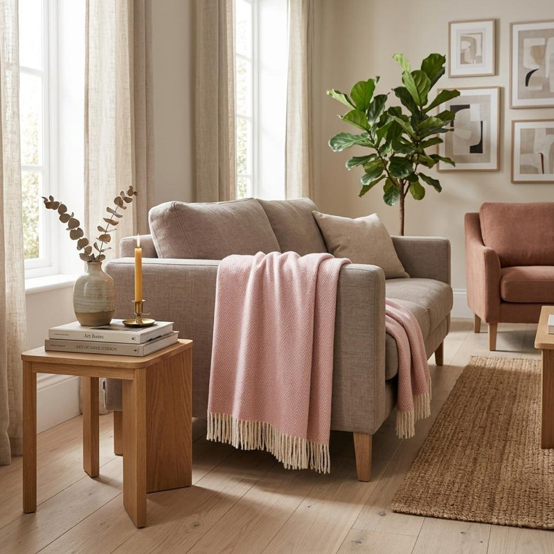 Jeté 70 po x 55 po en mélange de coton rose et blanc à chevrons, Vieux rose