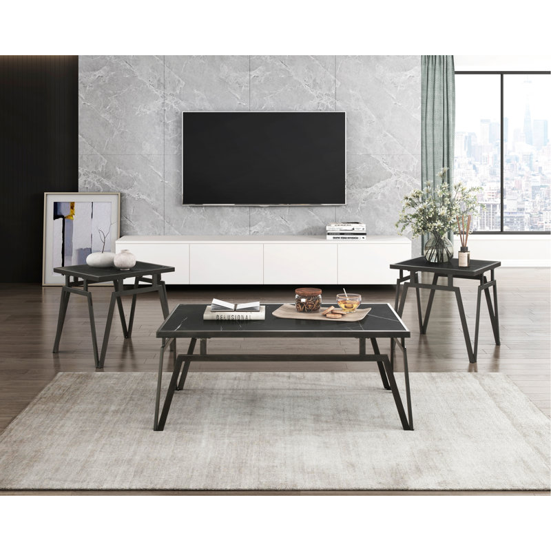 Table d'appoint 3 pièces: pierre frittée noire et métal pour une touche de modernité