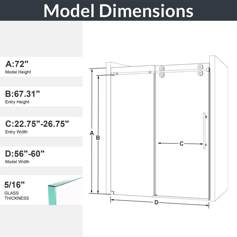 56"-60"W X 72"H Frameless Single Sliding Shower Door – 5/16" (8Mm) Clear Tempered Glass, Bypass Design, Chrome