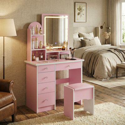 Ensemble coiffeuse de 80 cm de large avec 5 tiroirs, miroir DEL 3 couleurs, tablettes ouvertes et tabouret.