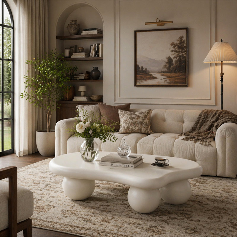 Table basse de 40 pouces en forme de nuage avec 3 pieds sphériques pour le salon, Cream White, 11.7" H x 40" L x 26.8" W