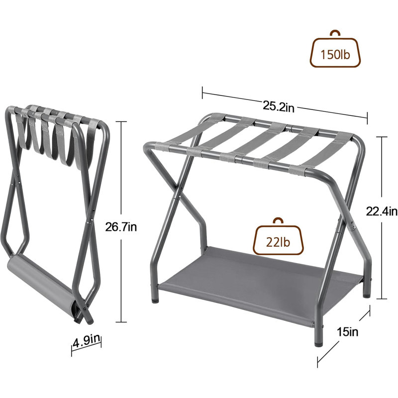 Gray Foldable Metal Luggage Rack with Storage Shelf, Set of 2
