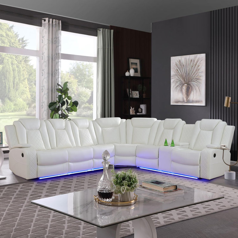 3-Pieces 210" Breathing Leather Power Reclining Theater Sectional With LED Lighting, Off White