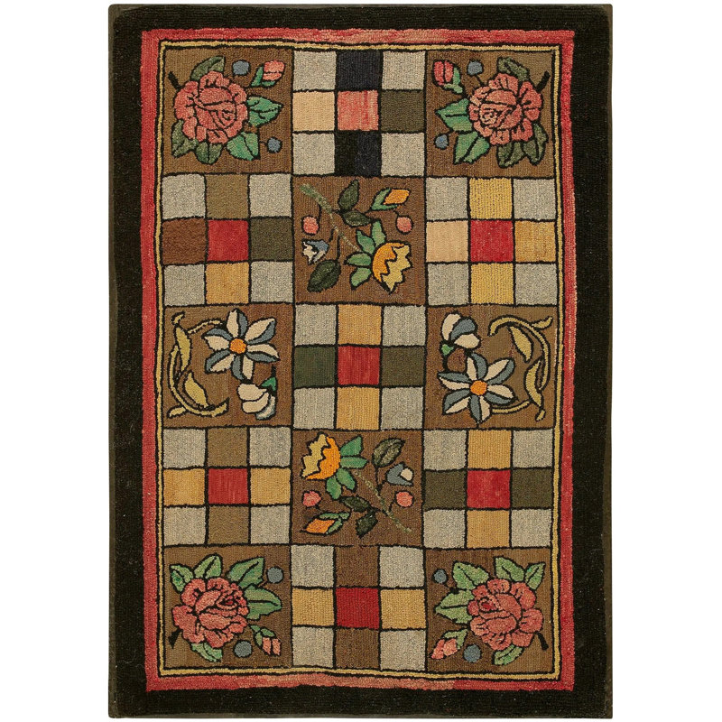 Small Scatter Size Antique Geometric Checkered Floral Pattern American Hooked Folk Art Rug