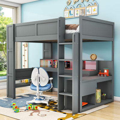 Jazlena Wood Loft Bed with Desk and Drawer, Shelves