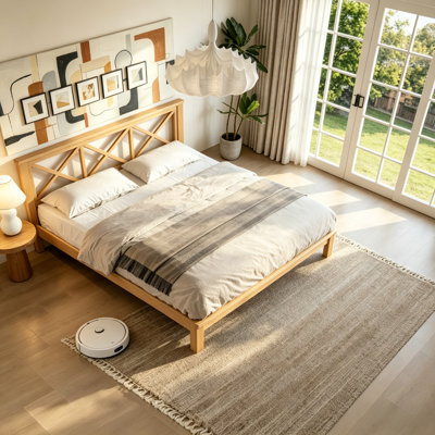 Grand lit plateforme avec tête de lit en X, base de lit en bambou avec lattes de soutien, lit plateforme moderne de style Mid-Century pour chambre à coucher, chambre d'amis, aucun sommier nécessaire, naturel.