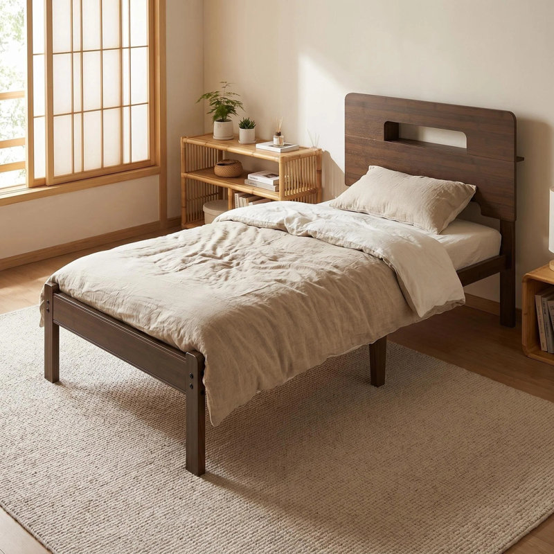 Gerrita Solid Bamboo and Metal Platform Bed with Integrated Headboard, Twin XL, Brown