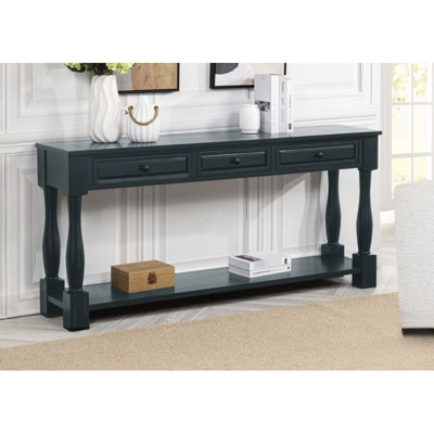 Console de 63 po avec 3 tiroirs en bois bleu marine de style méditerranéen pour le salon, le couloir, le vestibule, la qualité, la table d'assemblage nécessaire, la tablette et la tablette transitionnelle requise