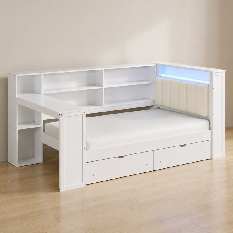 Lit plateforme en bois blanc beige, bureau de chargement avec tiroirs de rangement, Beige, Lit simple