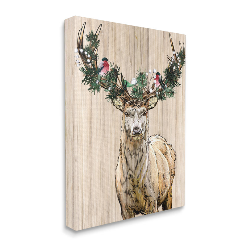 Arrangement de sapin d'hiver, bois de cerf, motif granuleux noir, estampe numérique, art texturé par Kim Allen, Toile tendue