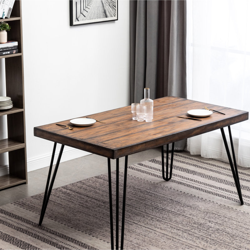 Table de salle à manger rustique en pin foncé avec base en épingle à cheveux en métal, solide pour l'entrée, l 33 x P 60 x H 30