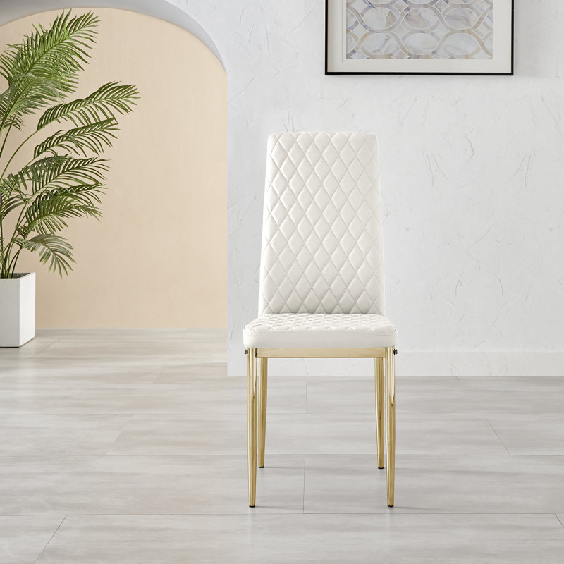 Eubanks Faux Leather Modern Tall Back Dining Chairs with Metal Legs & Diamond Stitching, White, Gold, 4