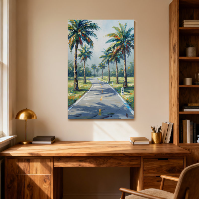 «Plants & Flowers Palm Trees Road», œuvre de peinture de paysage, H 30 po x l 20 po