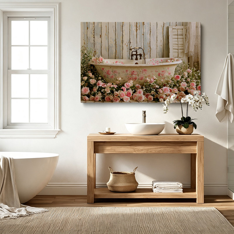 Tableau 2D sur toile, style shabby chic romantique, motif floral, baignoire, 101,6 x 76,2 cm (40 x 30 pouces) - Décoration de salon