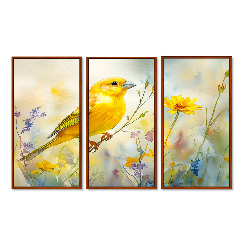Oiseau pinson sur une tige de fleurs sauvages I - ensemble de 3 oiseaux, H 40 po x l 60 po, Brun