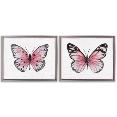 «Pink Butterflies with Vintage Cursive», ensemble de 2 toiles flottantes encadrées, design par Janet Tava