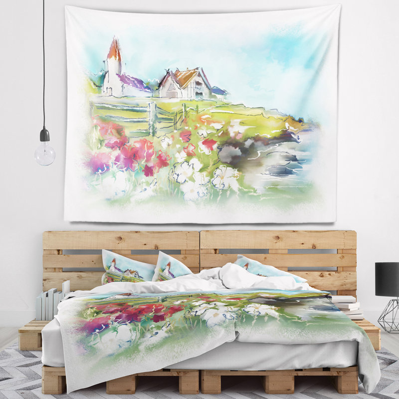 Tapisserie de paysage dans un pré vert, H 32 po x l 39 po