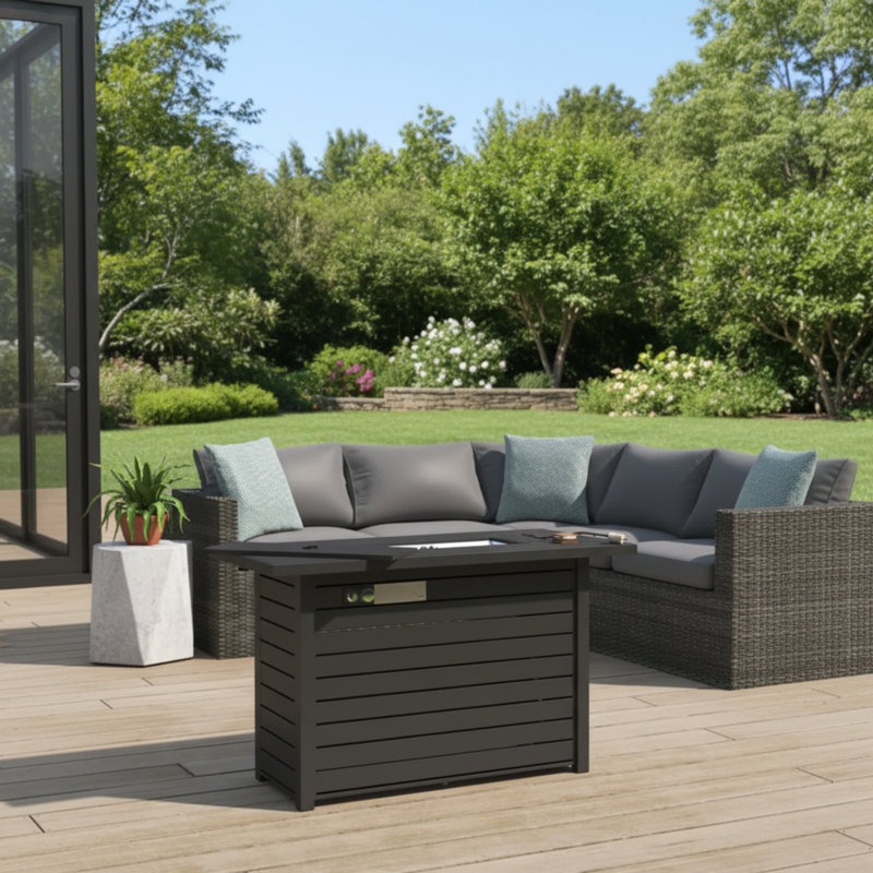 Table de foyer d'extérieur en acier noir avec couvercle, pratique et polyvalente
