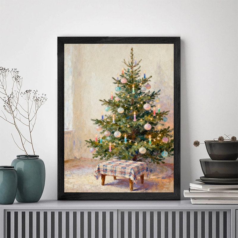 Art mural arbre de Noël noir encadré - décorations festives rétro élégantes, H 25 po x l 17 po