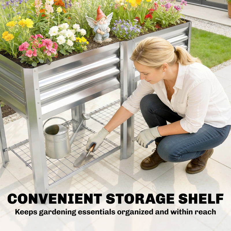 Raised Garden Bed with Storage Shelf 31.5", Silver, Silver