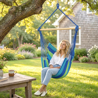 Chaise hamac, fauteuil suspendu en macramé, bleu et vert