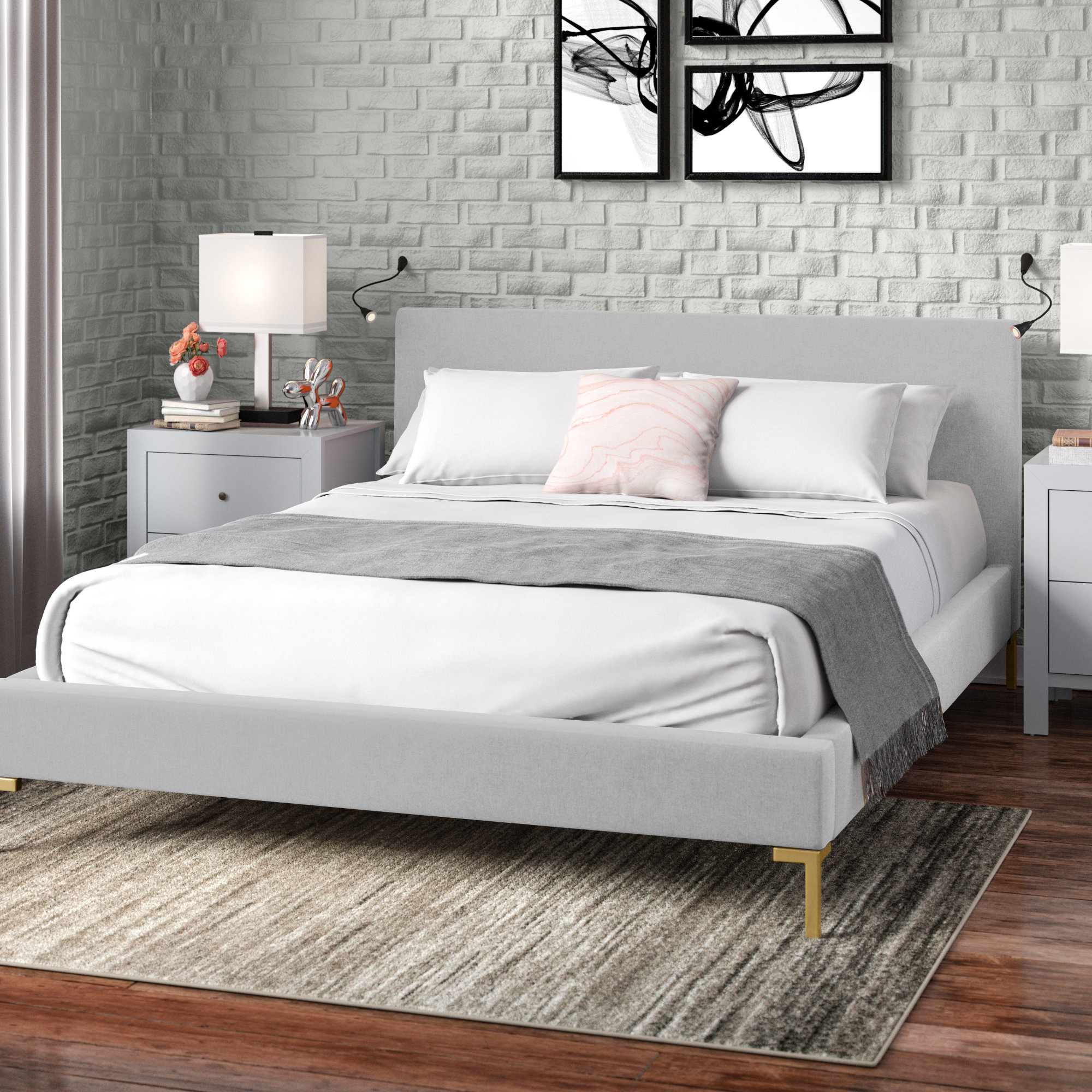Rand Upholstered Bed, Zuma Pumice Textured Linen, Full, Brass