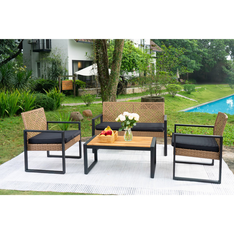 4-Piece Patio Furniture Set Outdoor Balcony Porch Garden Backyard Lawn Furniture Acacia Wood Table Top, Black, Light Brown