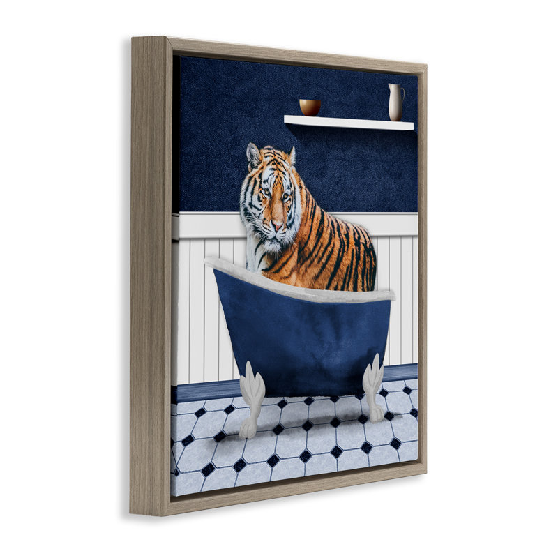 «Tiger in Blue Bathroom Floater Canvas» par Marcus Prime, Cadre flottant orme Montalcino, H 18 po x l 18 po