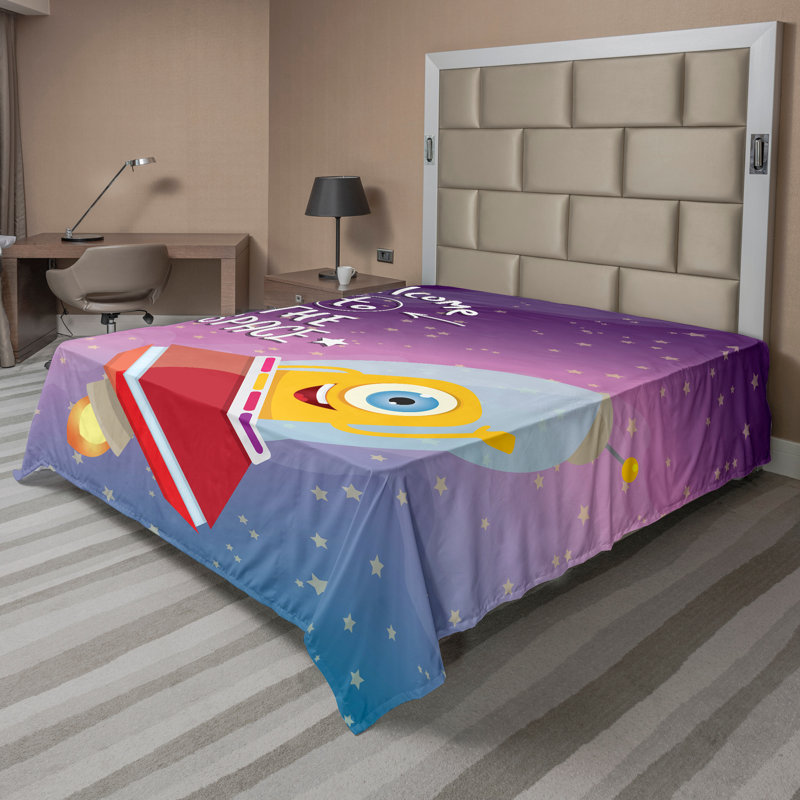 Ambesonne Cartoon Top Flat Sheet Spaceship Alien Purple Blue, California King