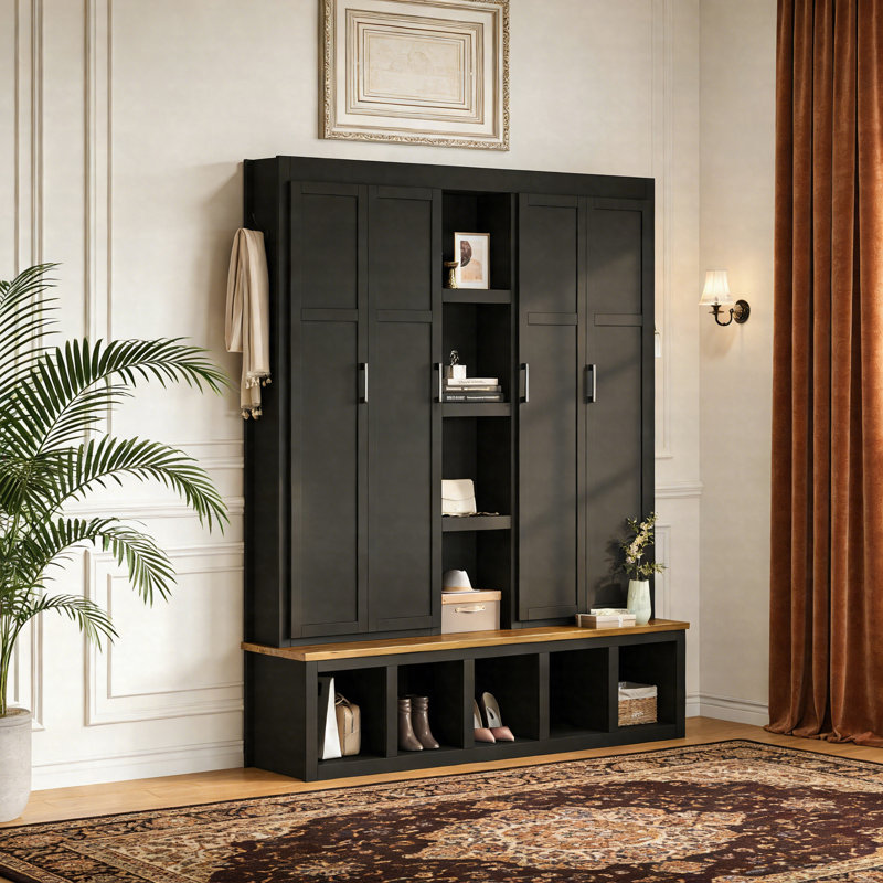 62.9" Farmhouse 4-In-1 Hall Tree With Shoe Storage Bench, Open Compartments & 6 Hooks, Wood Grain Entryway Organizer, Black