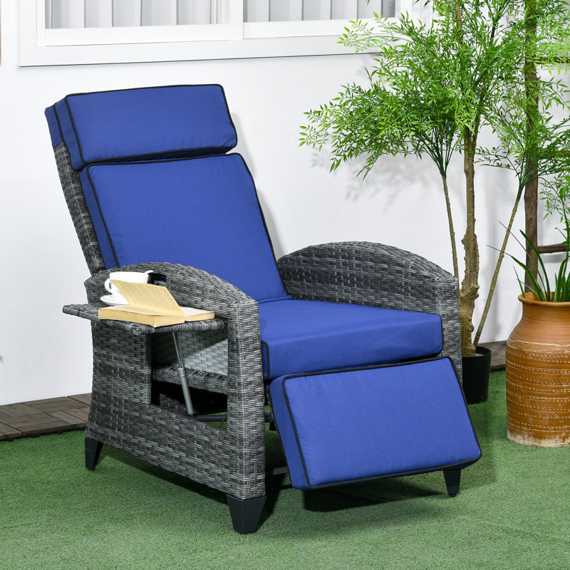Outdoor Recliner Chair with Adjustable Backrest, Cushion, Blue, Dark Blue