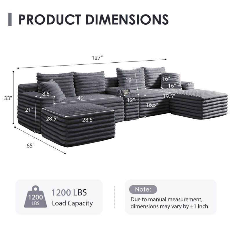 Canapé en forme de nuage U / L 127 po avec console, rangement, USB, 2 repose-pieds et porte-gobelet, luxueux fauteuils de compression durables en velours côtelé