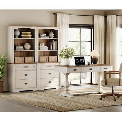 Home Office Set, 59.1" Executive Desk With Power Hub & 73.3" Open Shelf Bookcase With 6 Drawers Set Of 2