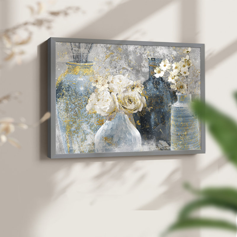 Vessels and Blooms Blues - Reproduction encadrée - Restickable, H 22 po x l 28 po, Gris