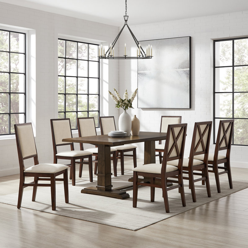 Heymann Trestle Dining Table with Upholstered and Wood Chairs, 9 Pieces: Table, 8 Chairs, Dark Oak